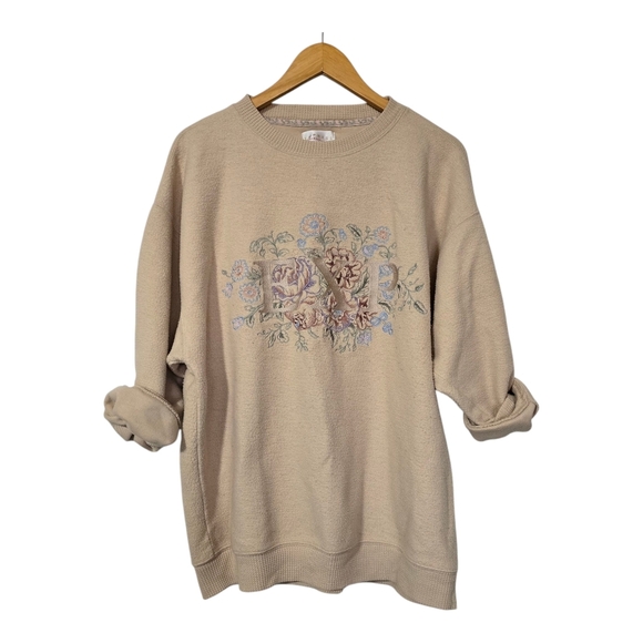 Vintage Tan Crewneck Sweater with Express Cottagecore Floral Graphic Design - Picture 1 of 8